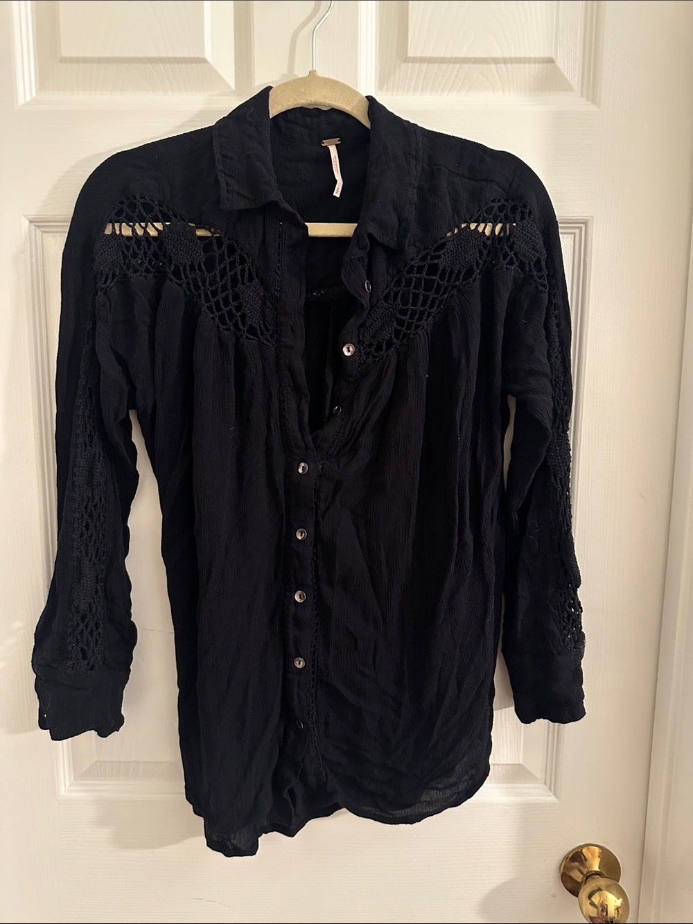 Free People Black Long-Sleeve Button Shirt with Crochet Detail